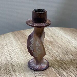 Hand Carved Kenyan African Soapstone Candlestick Holders Etched Leaf